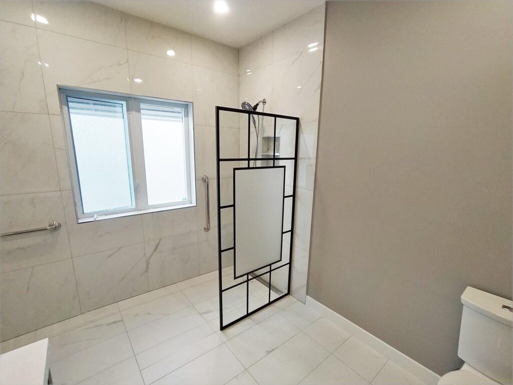 Bathroom remodelling 4 piece into walk in shower Accessible handicap shower