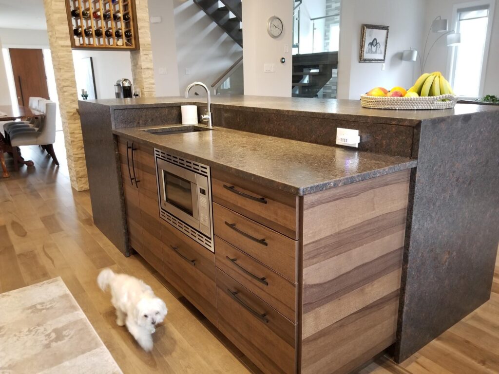 custom kitchen island with wooden soft close shelves