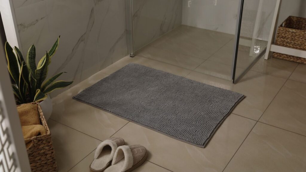 A modern bathroom featuring a shower and a soft gray rug on the floor, creating a serene and stylish atmosphere.  