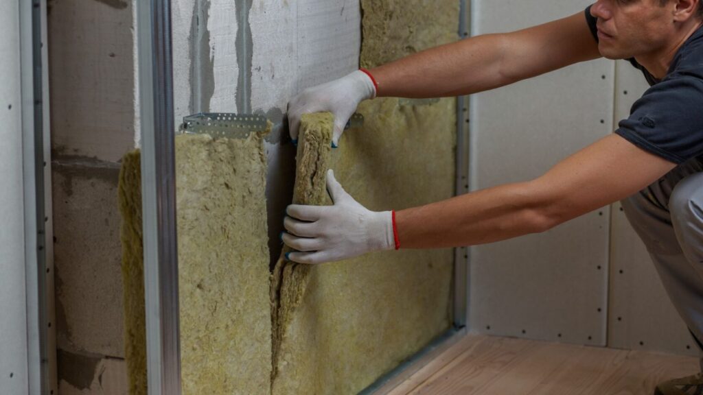 A man wearing a black shirt and white gloves is carefully installing insulation in a residential bathroom setting.