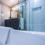 Bathroom renovation DreamLine Shower with Subway tiles tub view