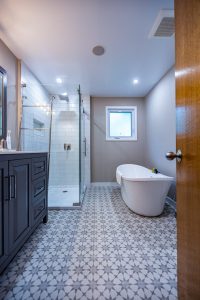 Full Bathroom renovation DreamLine Shower with Subway tiles free standing tub